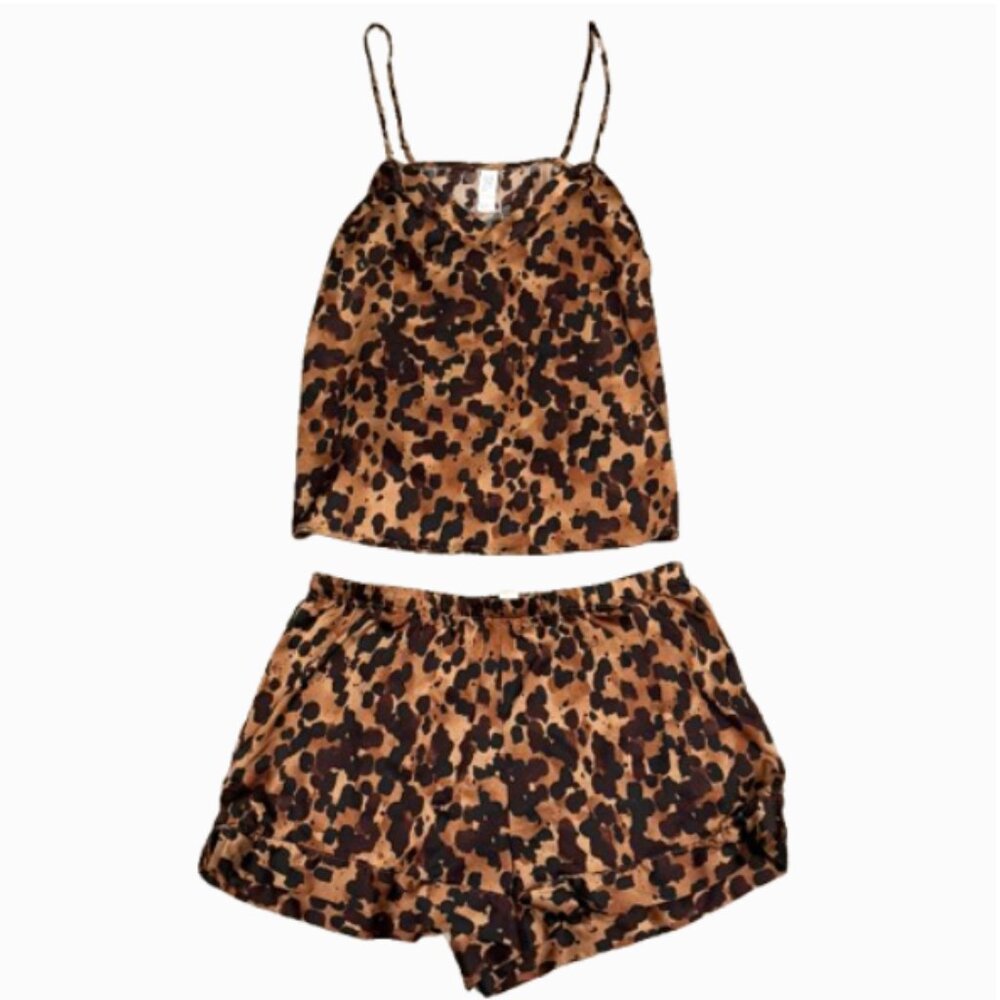 Target Stars Above Leopard Print Satin Pajama Top & Bottom Set - Size Small